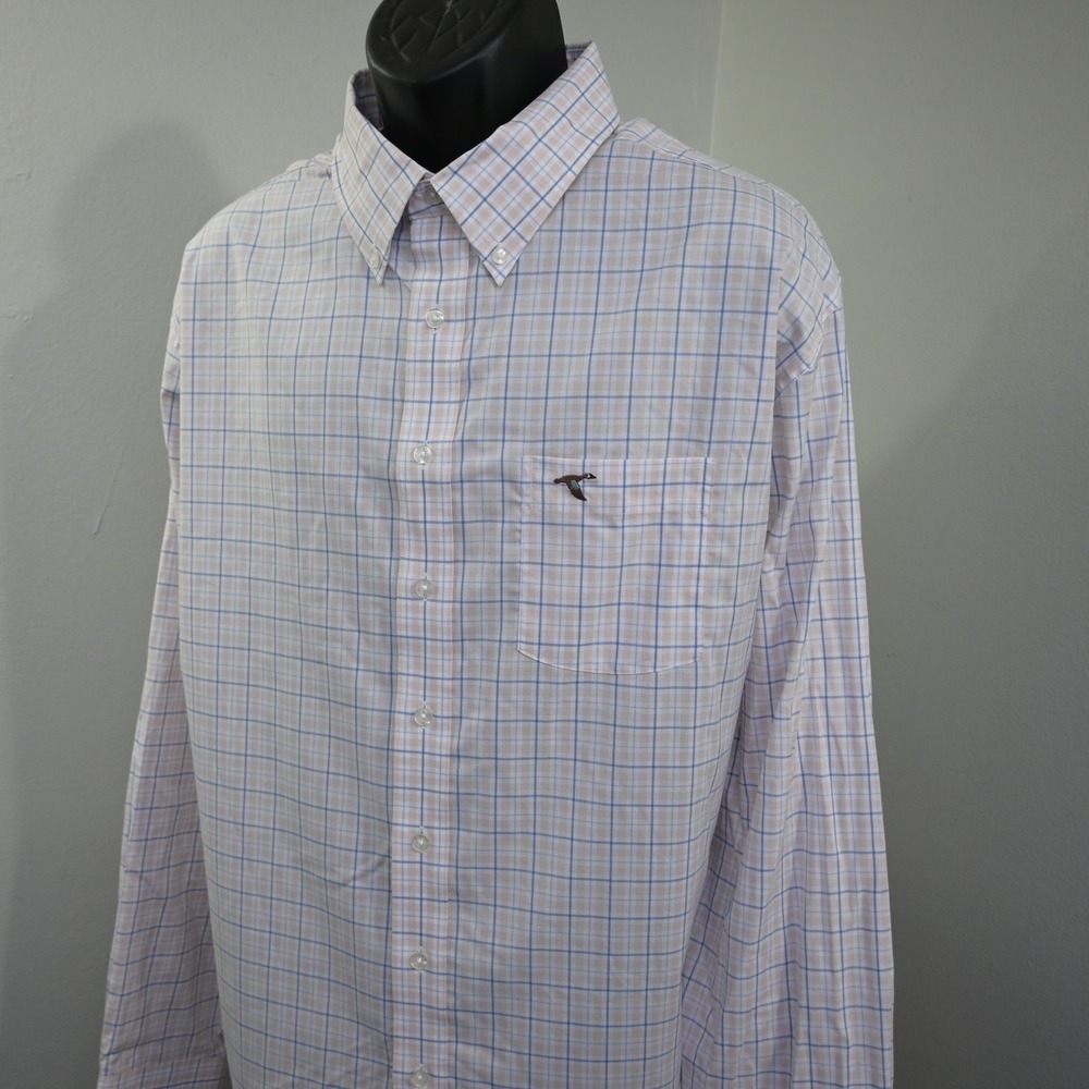 Genteal Button‎ Up Mens XXL Beige Blue Plaid Long Sleeve Pocket Cotton Shirt